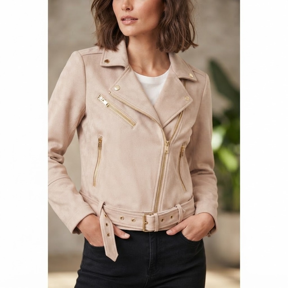 Black Label by C'est Toi Size Small Crop Suede Beige Moto Jacket Full Zip